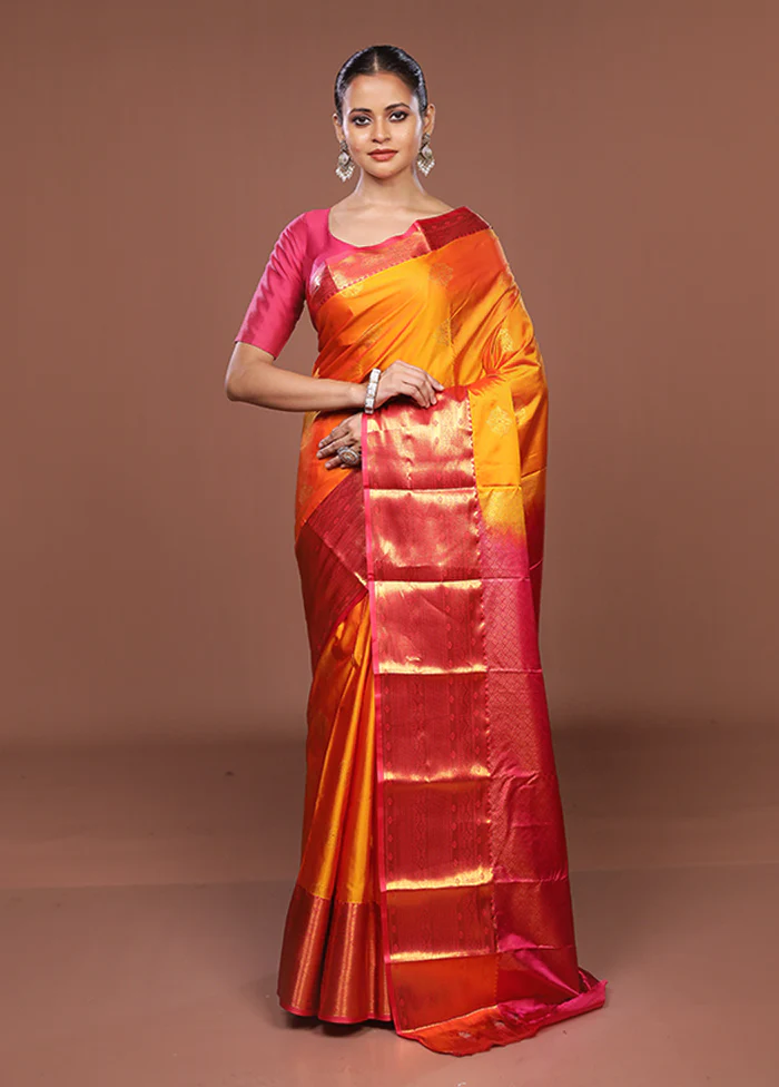 Yellow Kanjivaram Silk Saree With Blouse Piece - Image 2