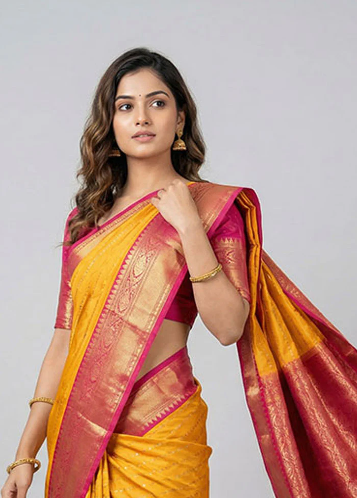 Yellow Kanjivaram Silk Saree With Blouse Piece - Image 2