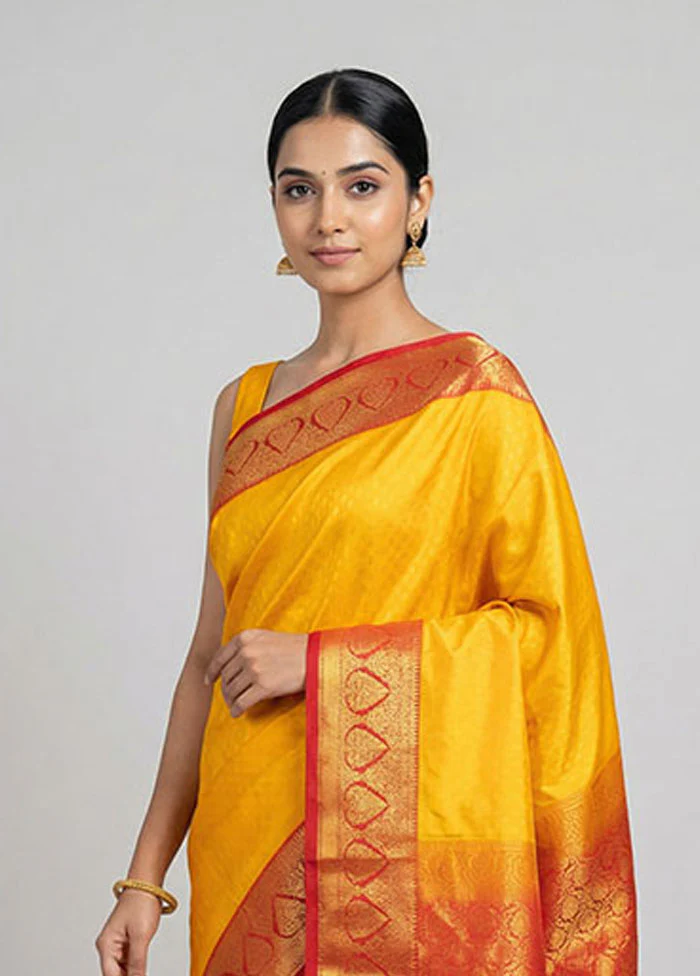 Yellow Kanjivaram Silk Saree With Blouse Piece - Image 2