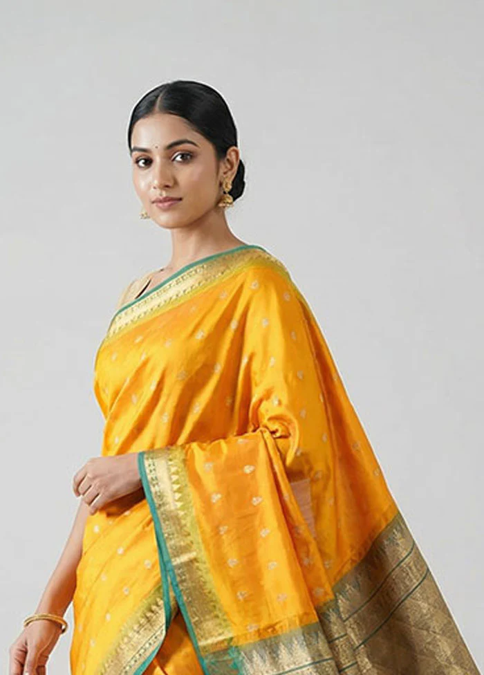 Yellow Kanjivaram Silk Saree With Blouse Piece - Image 2