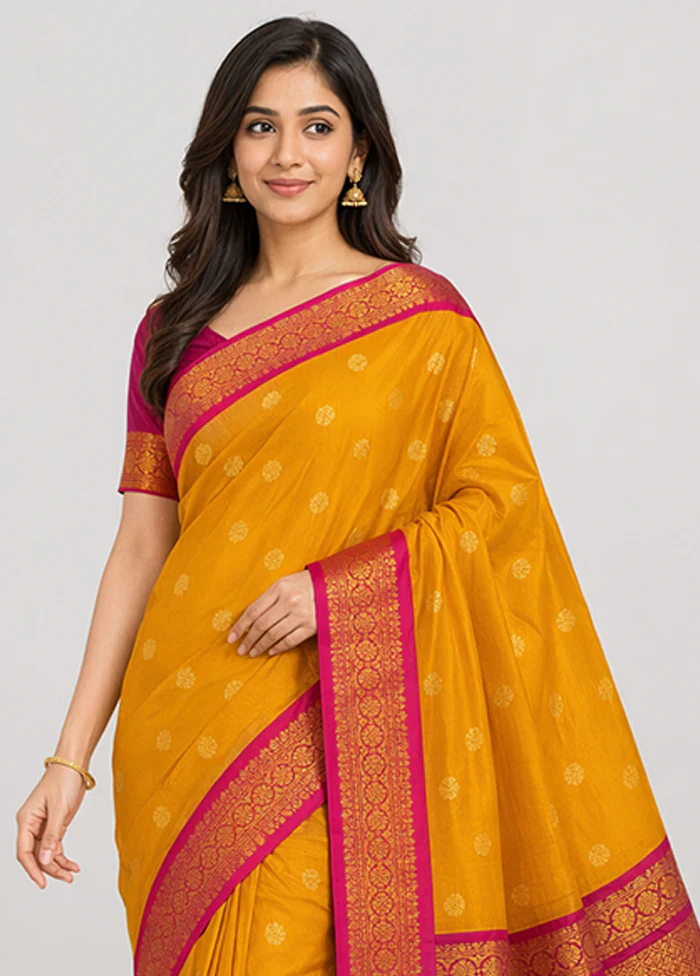 Yellow Kanjivaram Silk Saree With Blouse Piece - Image 2