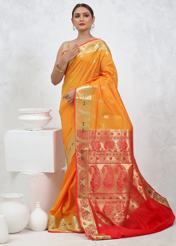 Yellow Kanjivaram Silk Saree With Blouse Piece - Image 2