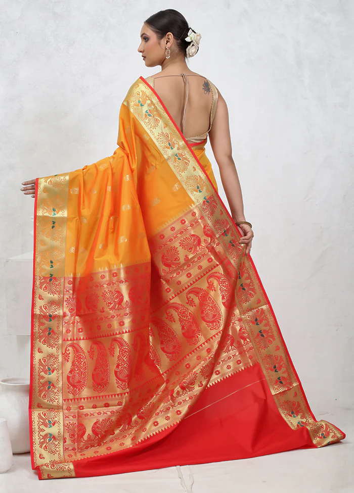 Yellow Kanjivaram Silk Saree With Blouse Piece - Image 3