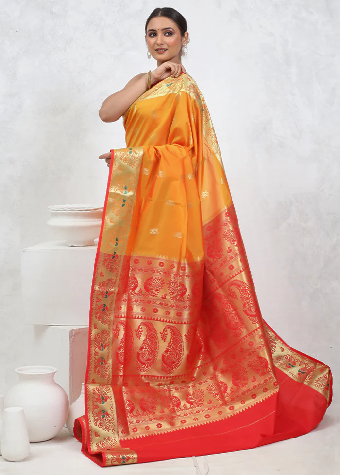 Yellow Kanjivaram Silk Saree With Blouse Piece - Image 4