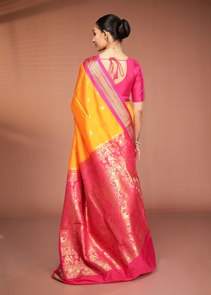 Yellow Kanjivaram Silk Saree With Blouse Piece - Image 3