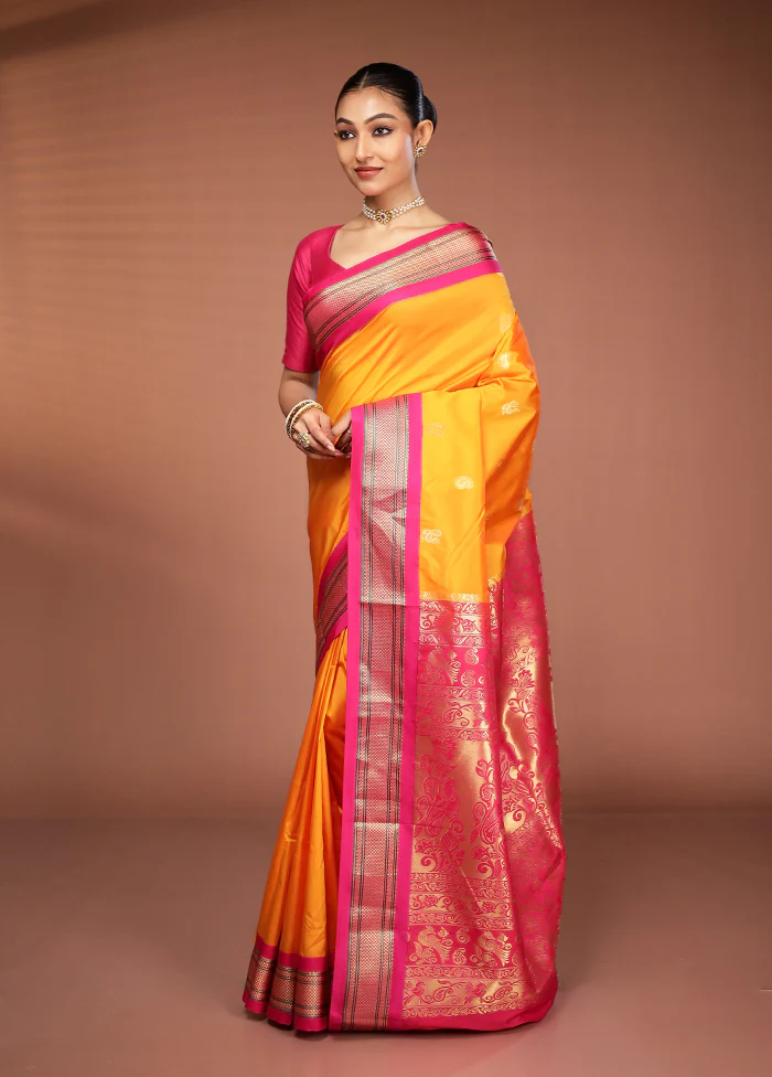 Yellow Kanjivaram Silk Saree With Blouse Piece - Image 4