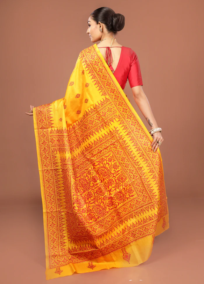 Yellow Kantha Stitch Pure Silk Saree With Blouse Piece - Image 3