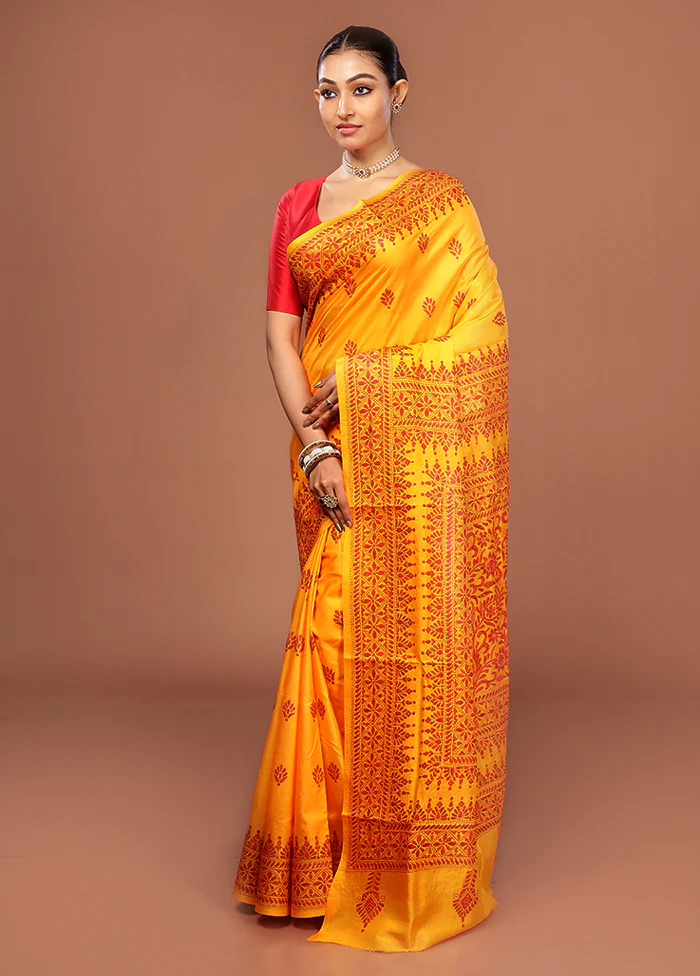 Yellow Kantha Stitch Pure Silk Saree With Blouse Piece - Image 4