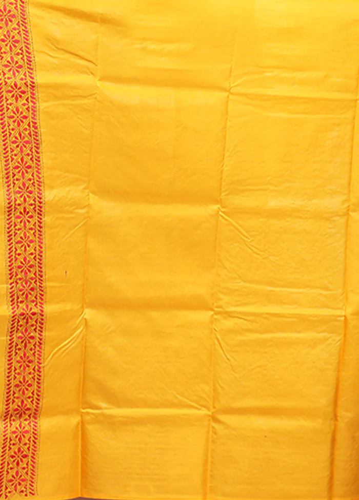 Yellow Kantha Stitch Pure Silk Saree With Blouse Piece - Image 5