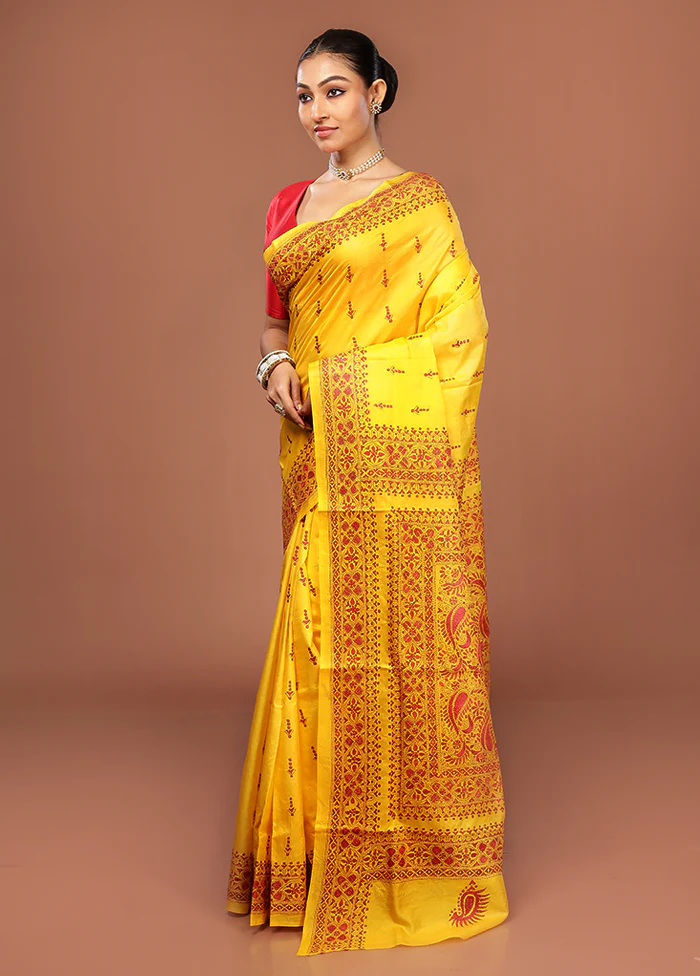 Yellow Kantha Stitch Pure Silk Saree With Blouse Piece - Image 4