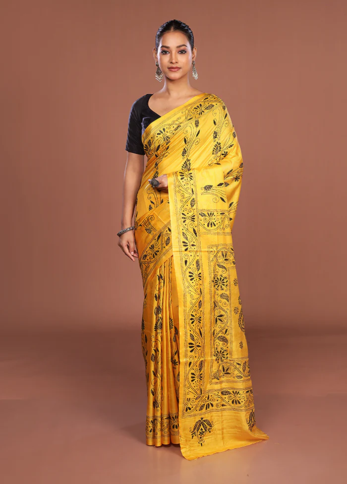 Yellow Kantha Stitch Silk Saree With Blouse Piece - Image 2