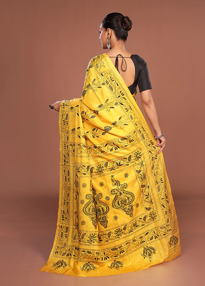 Yellow Kantha Stitch Silk Saree With Blouse Piece - Image 3