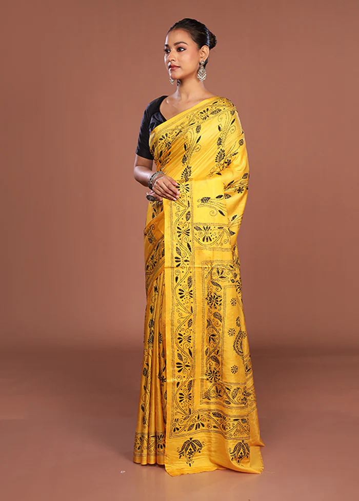 Yellow Kantha Stitch Silk Saree With Blouse Piece - Image 4