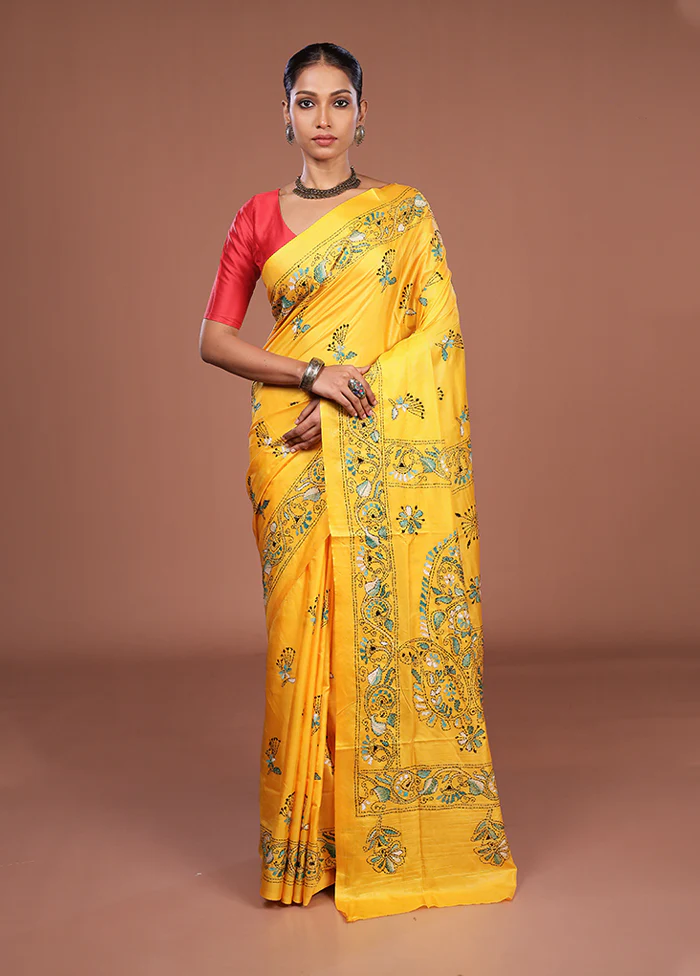Yellow Kantha Stitch Silk Saree With Blouse Piece - Image 2
