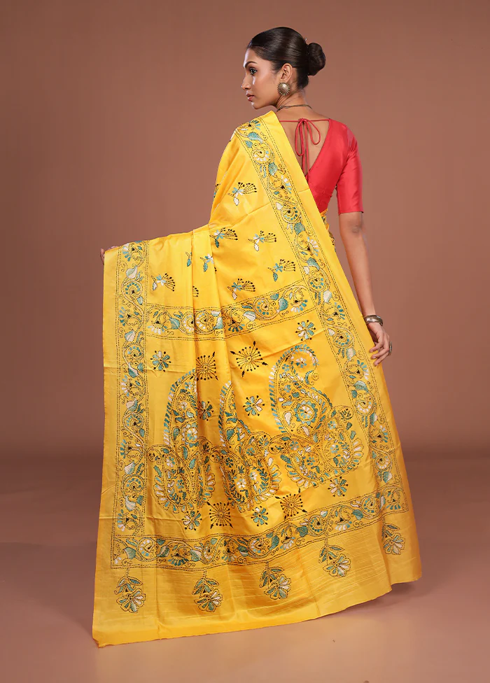 Yellow Kantha Stitch Silk Saree With Blouse Piece - Image 3