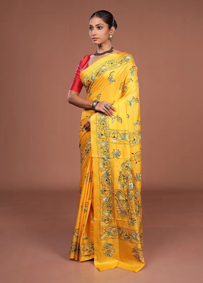 Yellow Kantha Stitch Silk Saree With Blouse Piece - Image 4