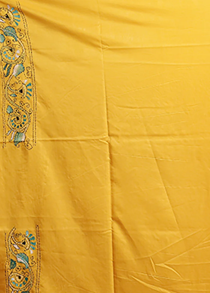 Yellow Kantha Stitch Silk Saree With Blouse Piece - Image 5