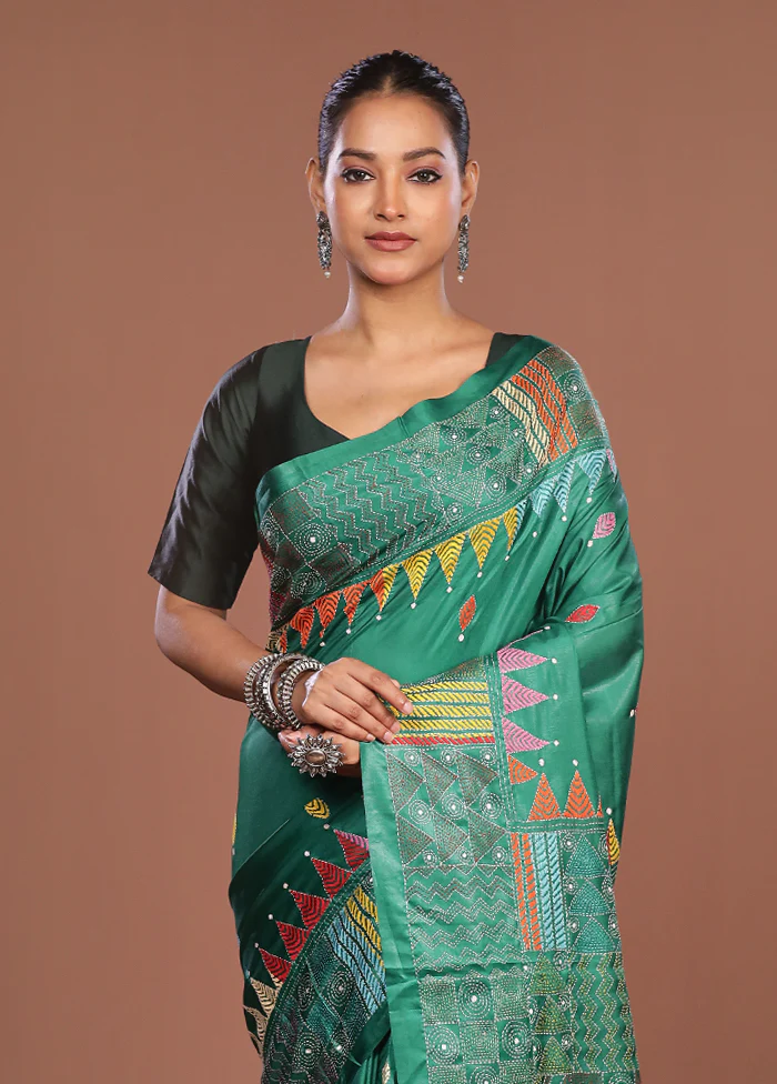 Yellow Kantha Stitch Silk Saree With Blouse Piece