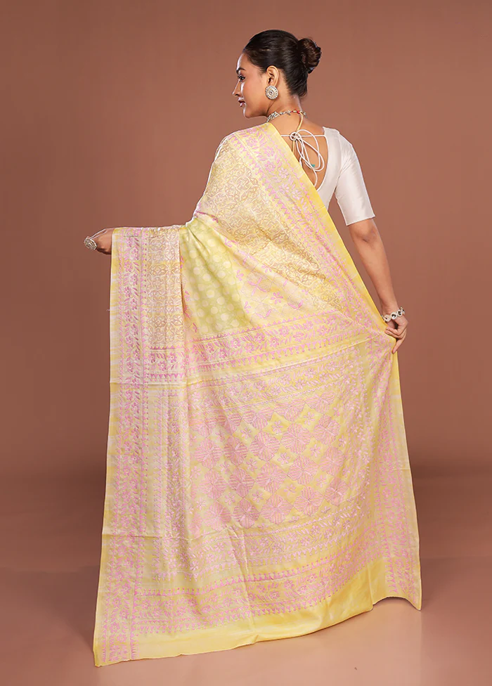 Yellow Kantha Stitch Silk Saree With Blouse Piece - Image 3