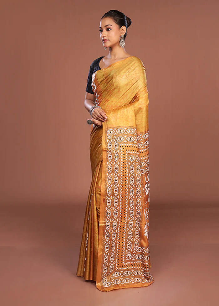 Yellow Kantha Stitch Silk Saree With Blouse Piece - Image 4