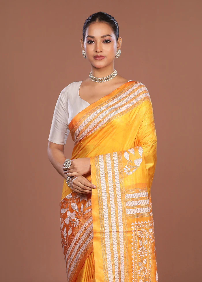 Yellow Kantha Stitch Silk Saree With Blouse Piece