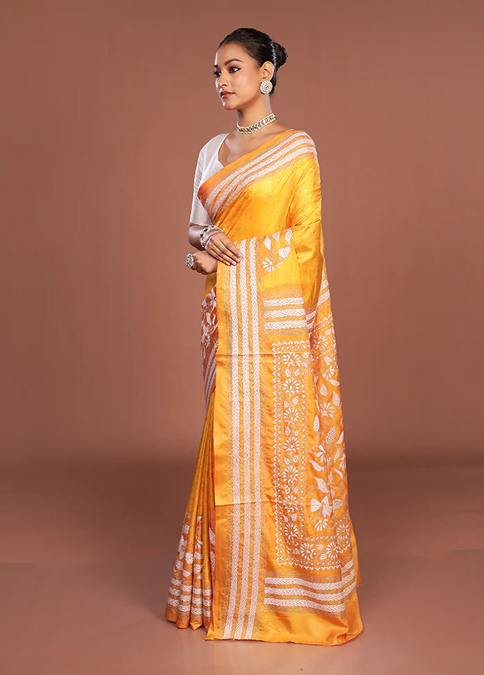 Yellow Kantha Stitch Silk Saree With Blouse Piece - Image 4