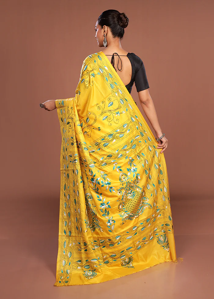 Yellow Kantha Stitch Silk Saree With Blouse Piece - Image 3