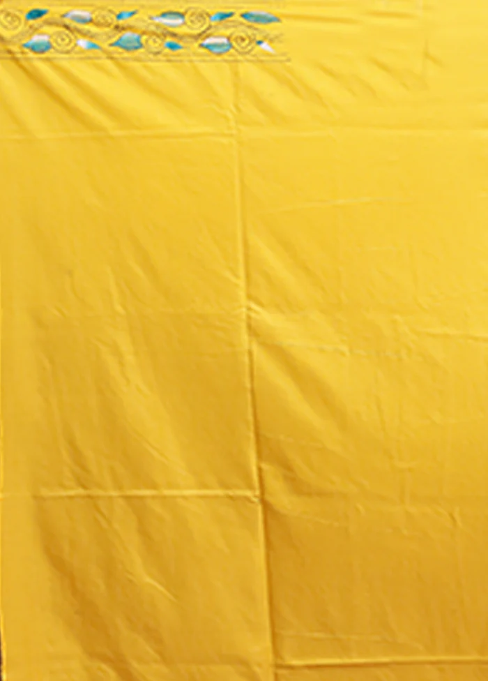 Yellow Kantha Stitch Silk Saree With Blouse Piece - Image 5