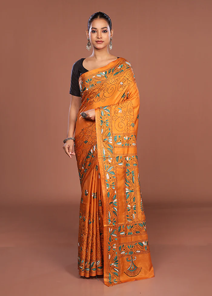 Yellow Kantha Stitch Silk Saree With Blouse Piece - Image 2