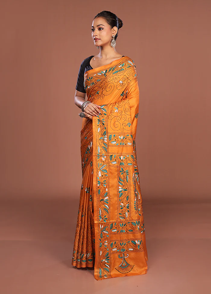 Yellow Kantha Stitch Silk Saree With Blouse Piece - Image 4