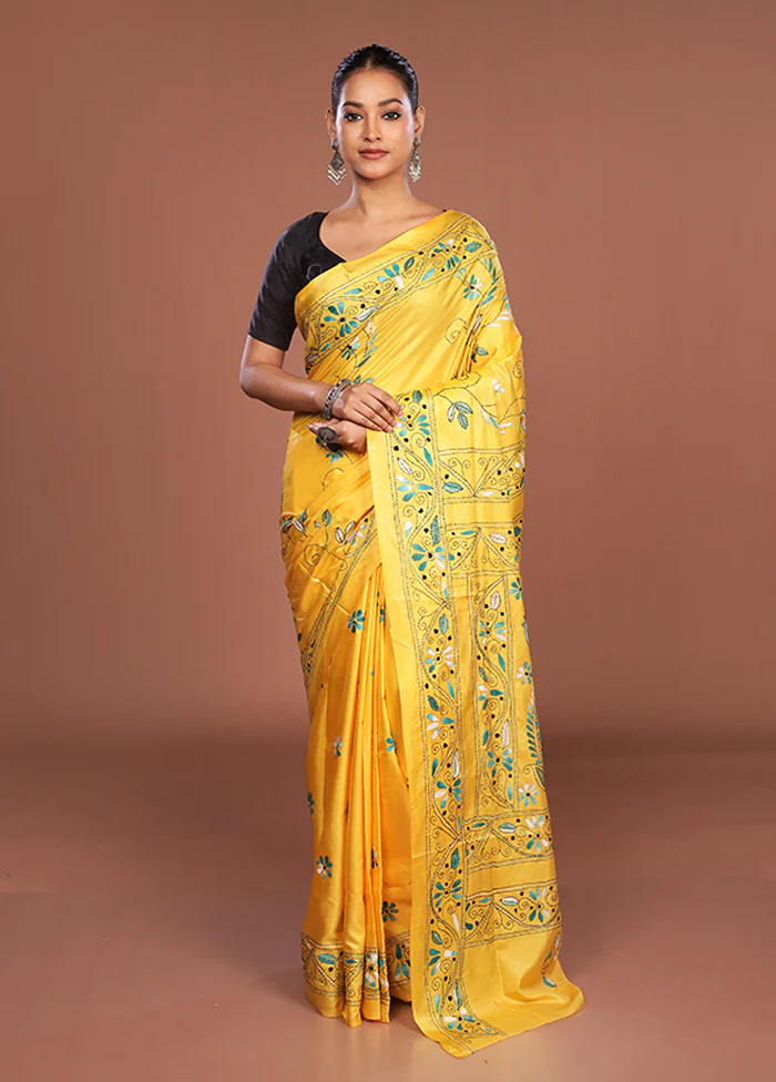 Yellow Kantha Stitch Silk Saree With Blouse Piece - Image 2