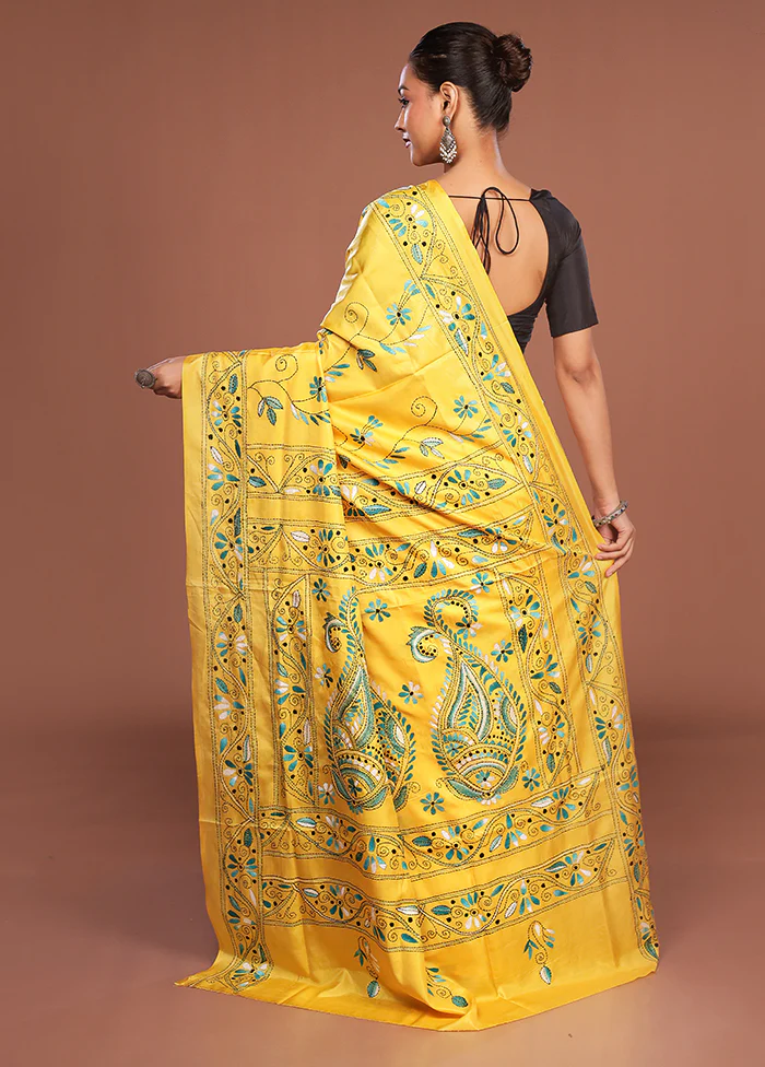 Yellow Kantha Stitch Silk Saree With Blouse Piece - Image 3
