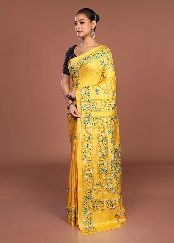 Yellow Kantha Stitch Silk Saree With Blouse Piece - Image 4