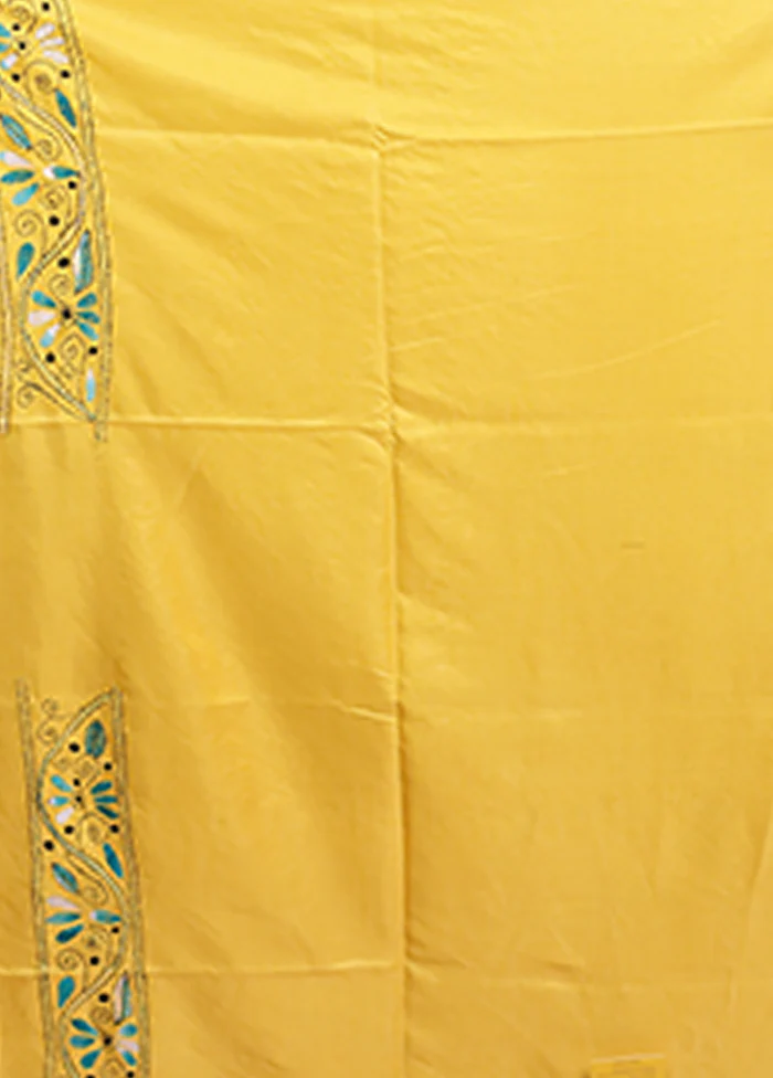 Yellow Kantha Stitch Silk Saree With Blouse Piece - Image 5