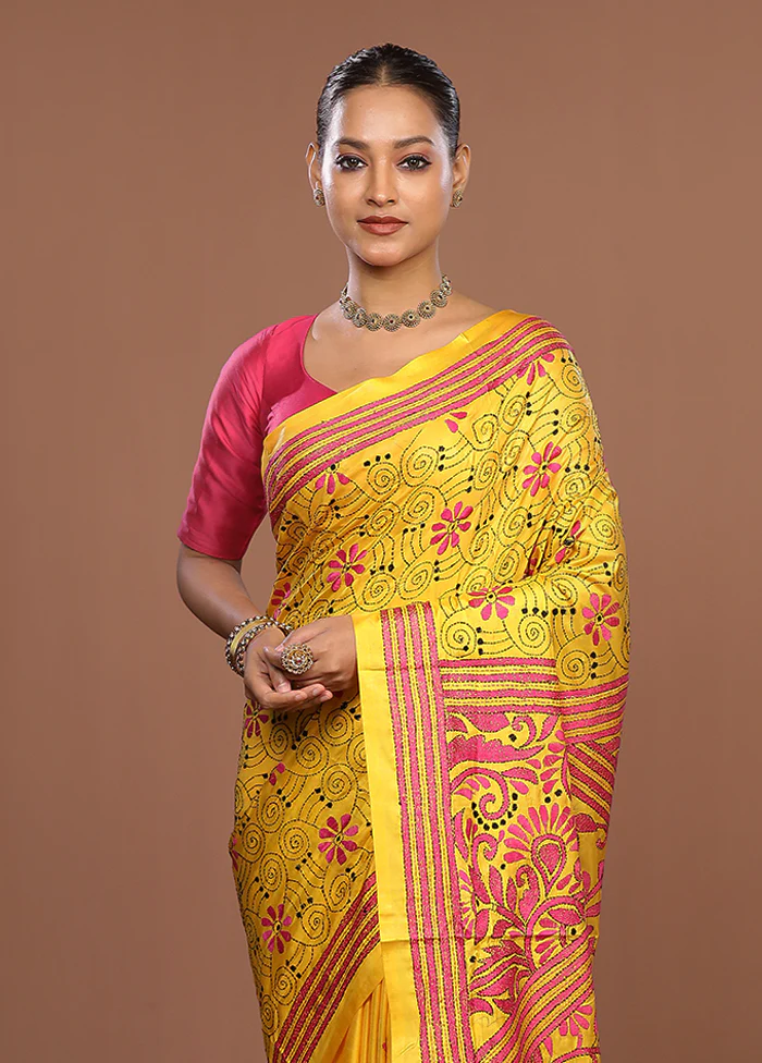 Yellow Kantha Stitch Silk Saree With Blouse Piece