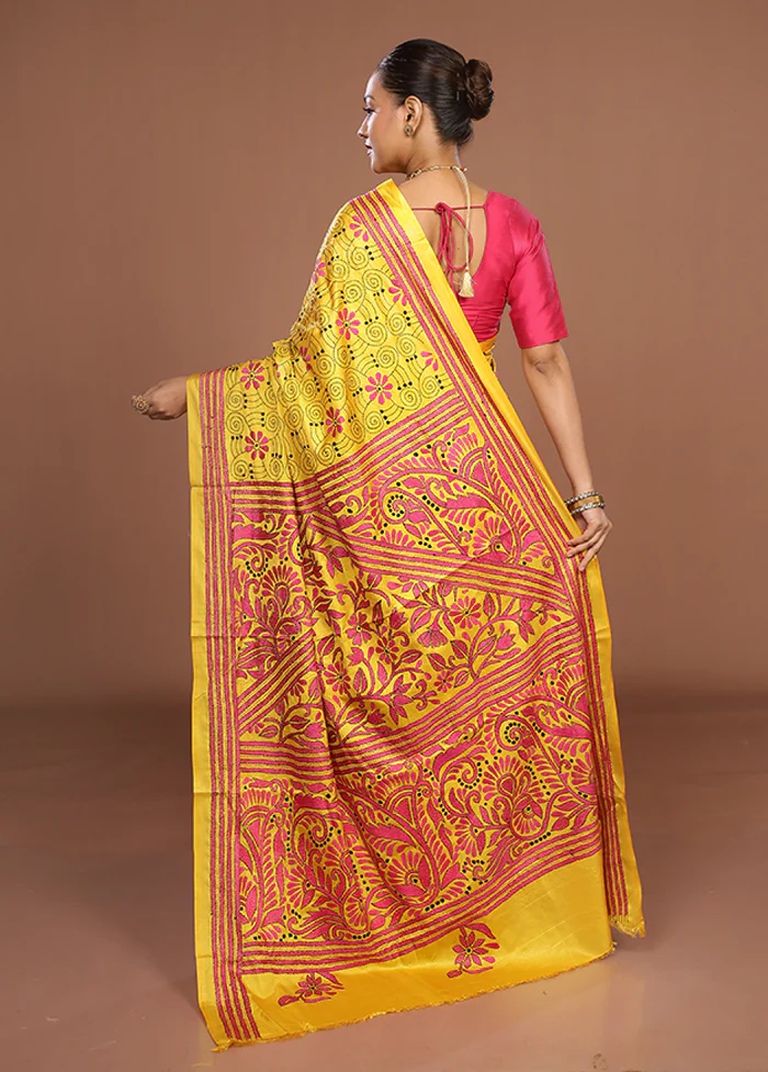 Yellow Kantha Stitch Silk Saree With Blouse Piece - Image 3