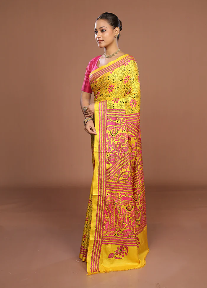 Yellow Kantha Stitch Silk Saree With Blouse Piece - Image 4