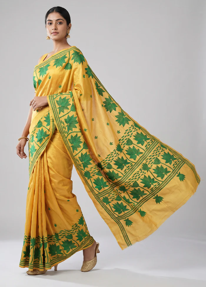 Yellow Kantha Stitch Silk Saree With Blouse Piece