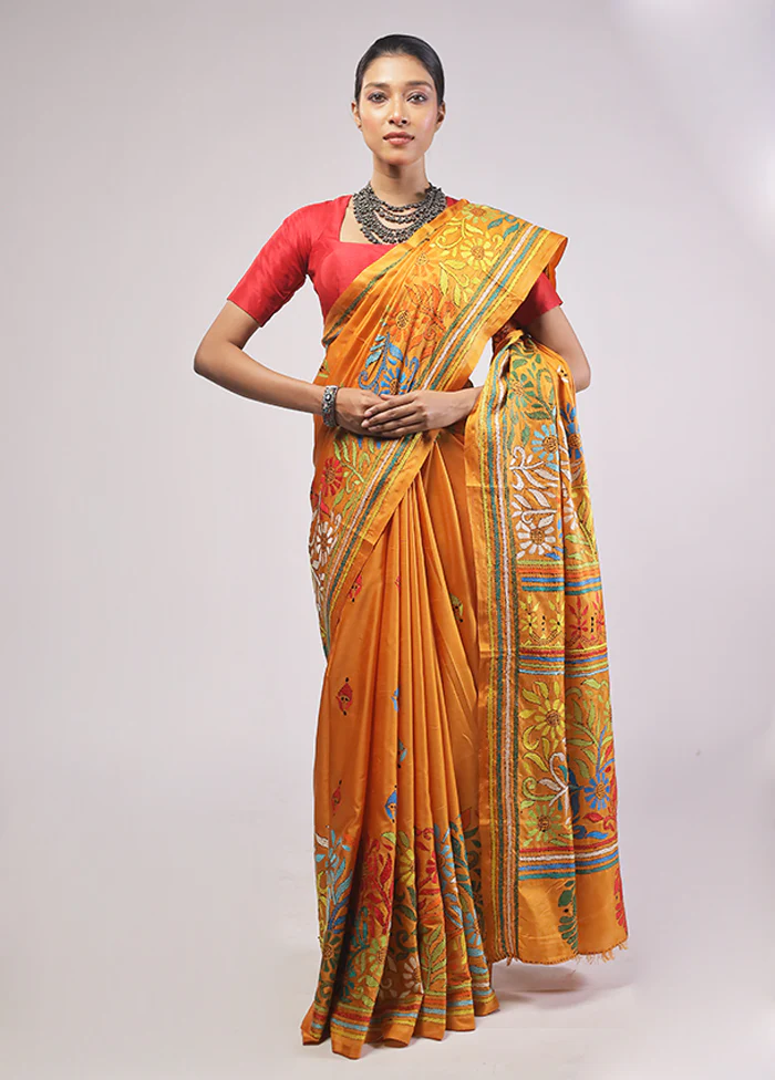 Yellow Kantha Stitch Silk Saree With Blouse Piece - Image 2
