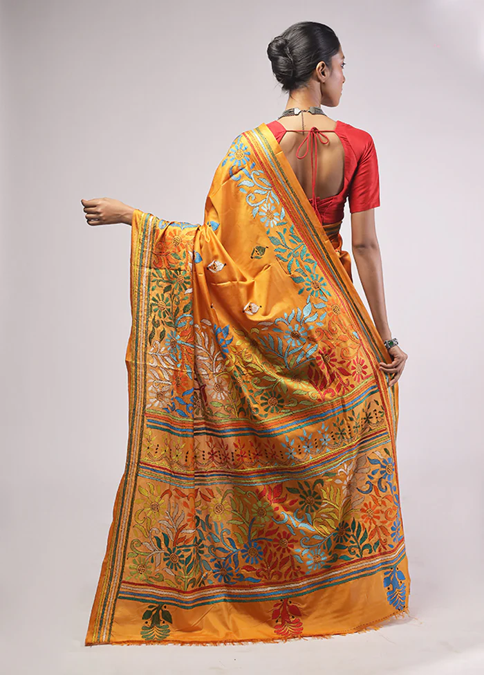 Yellow Kantha Stitch Silk Saree With Blouse Piece - Image 3