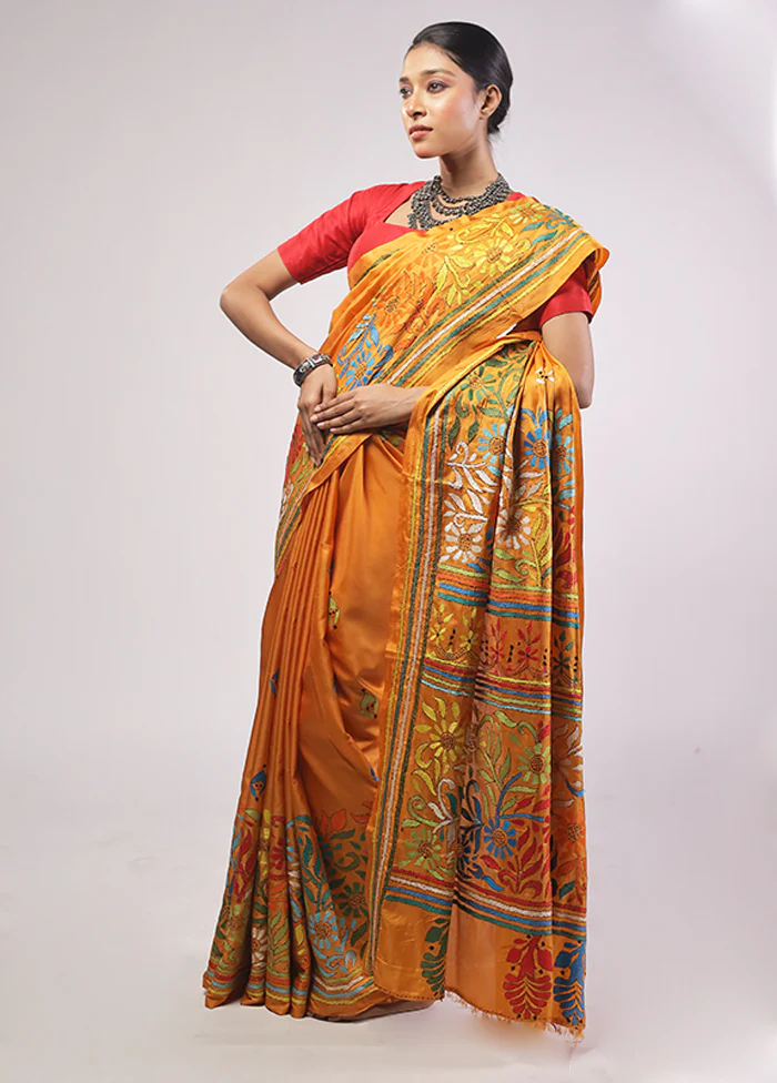 Yellow Kantha Stitch Silk Saree With Blouse Piece - Image 4