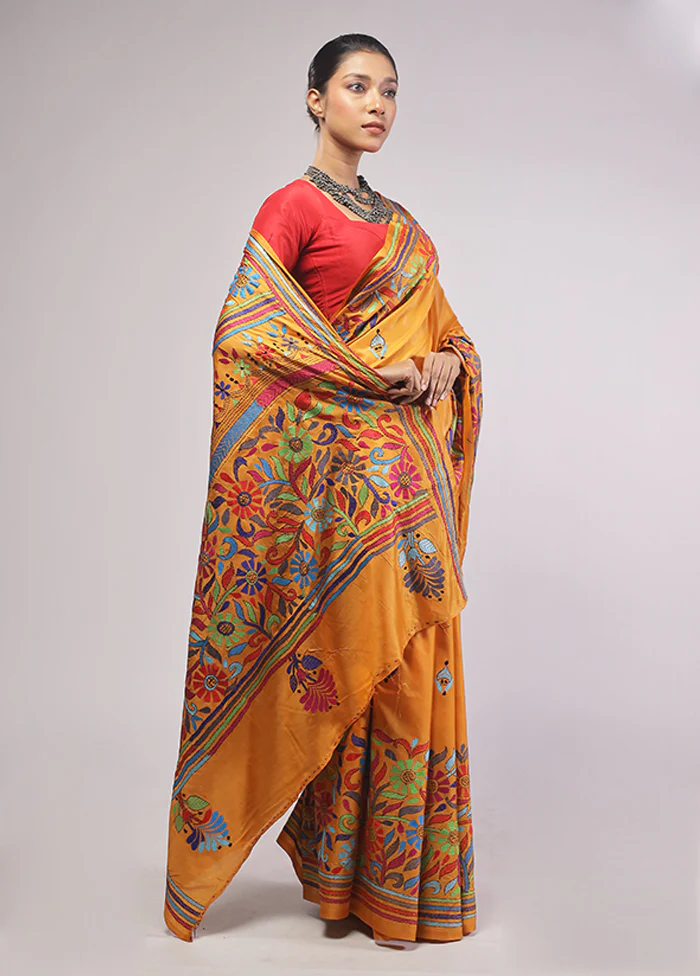 Yellow Kantha Stitch Silk Saree With Blouse Piece - Image 4