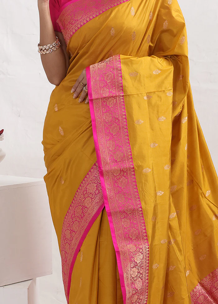 Yellow Katan Pure Silk Saree With Blouse Piece - Image 3