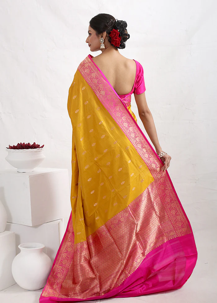 Yellow Katan Pure Silk Saree With Blouse Piece - Image 4