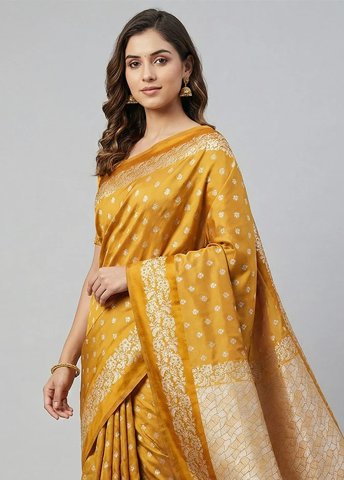 Yellow Katan Silk Saree With Blouse Piece - Image 2