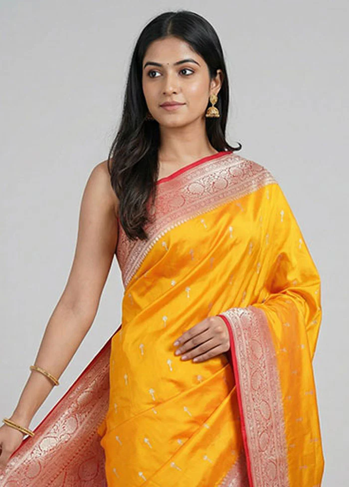 Yellow Katan Silk Saree With Blouse Piece - Image 2