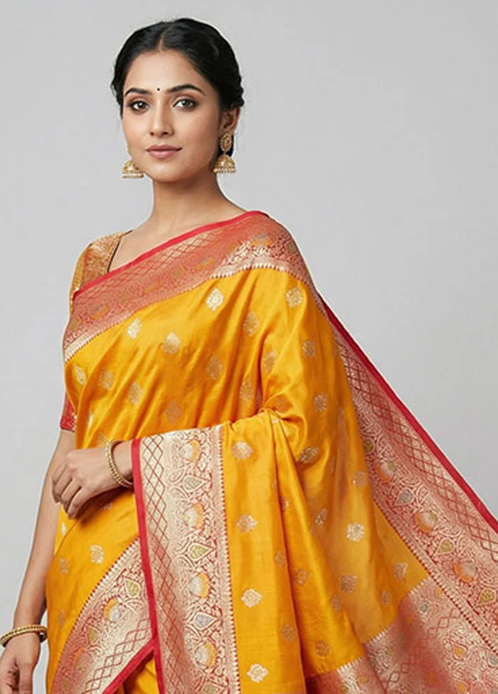 Yellow Katan Silk Saree With Blouse Piece - Image 2