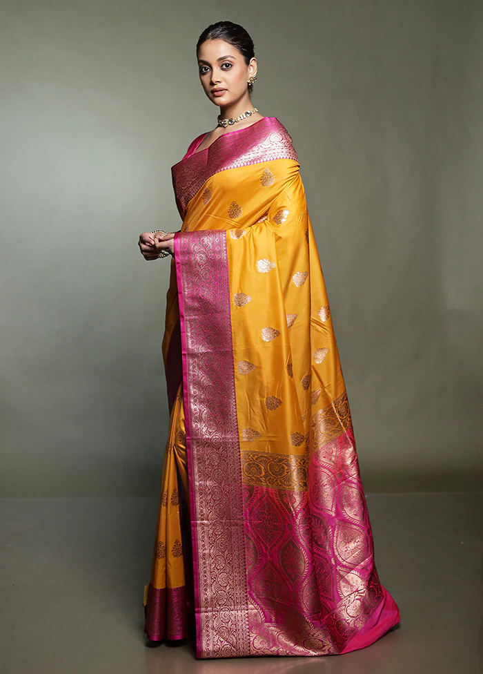 Yellow Katan Silk Saree With Blouse Piece - Image 4
