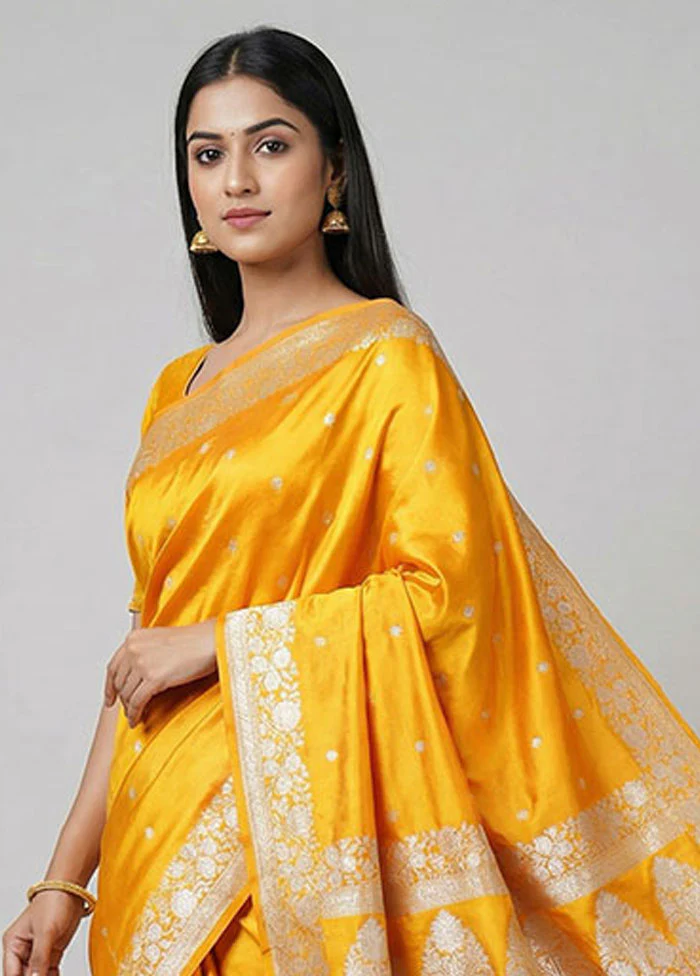 Yellow Katan Silk Saree With Blouse Piece - Image 2