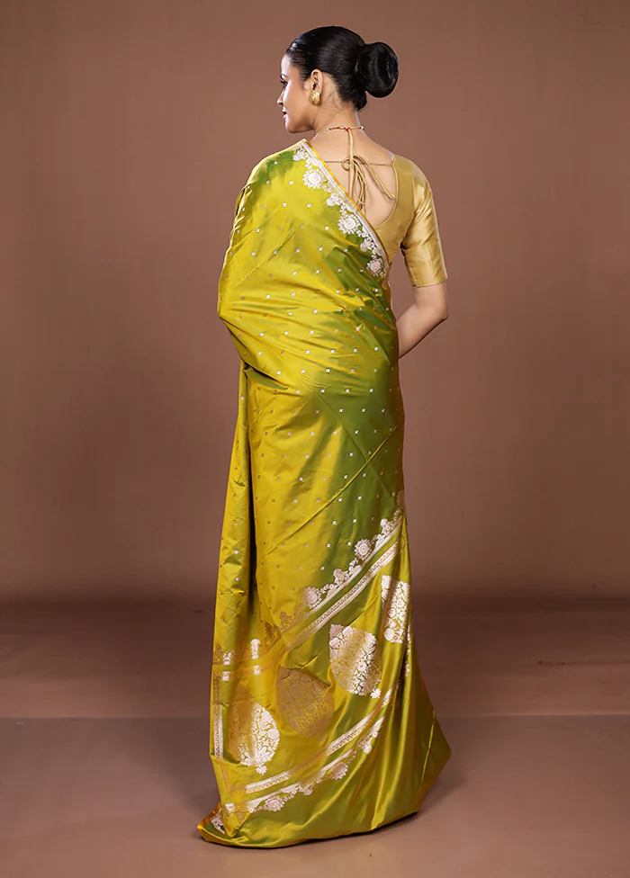 Yellow Katan Silk Saree With Blouse Piece - Image 3